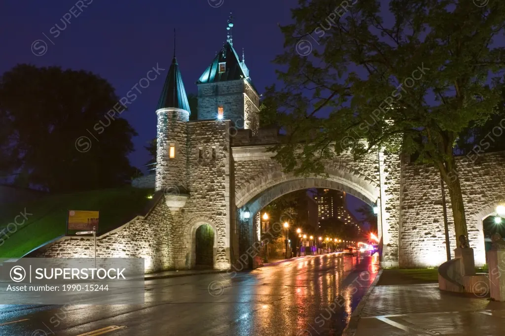 Saint Louis Gate illuminated at night, Old Quebec City, Quebec, Canada
