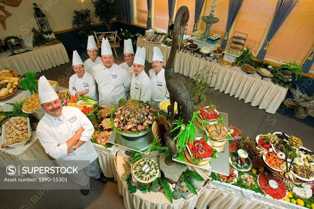 Seafood buffet, West Coast style, created under the watchful eyes of celebrity chefs, Comox Valley, Vancouver Island, British Columbia, Canada