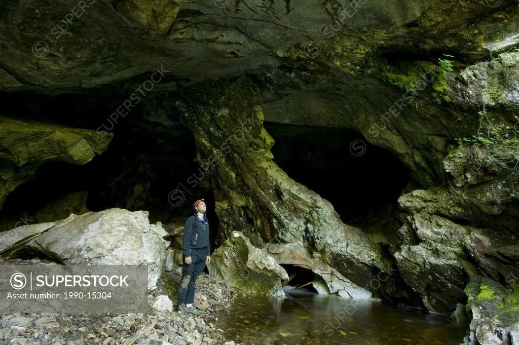 Over time, water flowing underground through limestone has created the remarkable Upana Cave system near Gold River, Vancouver Island, British Columbi...