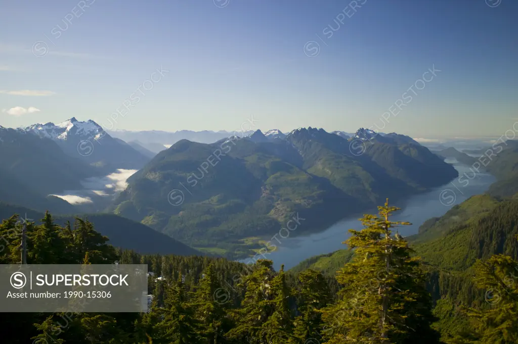 Tahsis Inlet and the surrounding terrain of Vancouver Island lies spread out for miles around, Tahsis, Vancouver Island, British Columbia, Canada