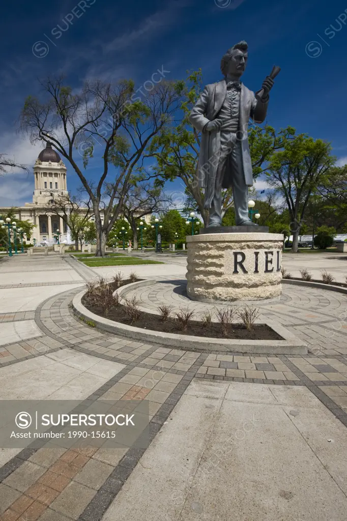Statue of Louis Riel 1844_1885 with the Legislative Building in the background of Winnipeg, Manitoba, Canada