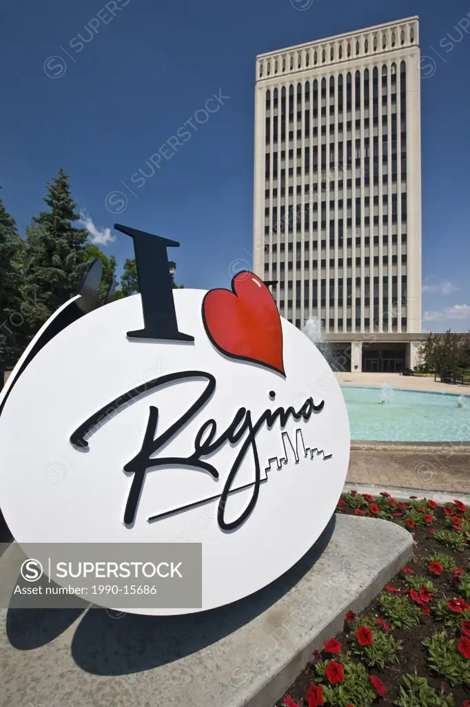 I love Regina sign, City Hall building and fountain in Queen Elizabeth II Court, Regina, Saskatchewan, Canada
