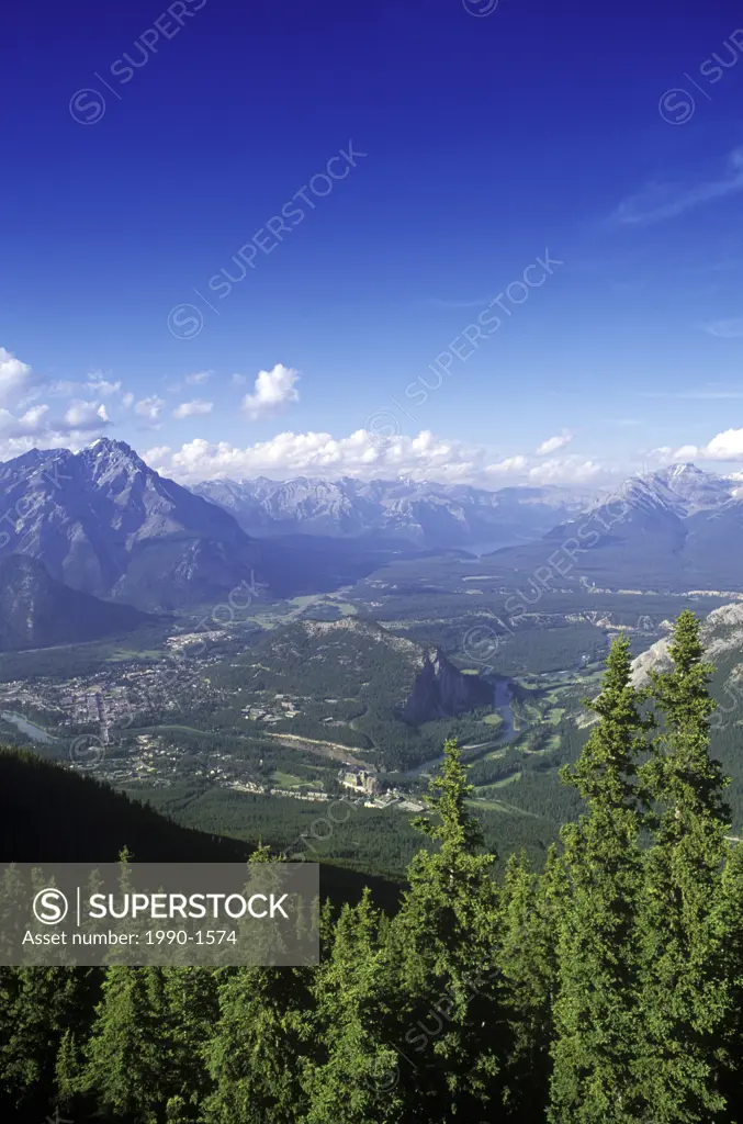 View down from Sulphur Mountain, to Banff Springs Hotel and golf course townsite, Alberta, Canada