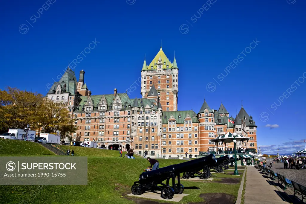 Canons in front of Chateau Frontenac and Dufferin Terrace, Quebec City, Quebec, Canada