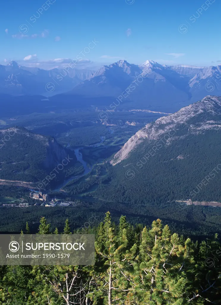 View down from Sulphur Mountain, to Banff Springs Hotel and golf course townsite, Alberta, Canada