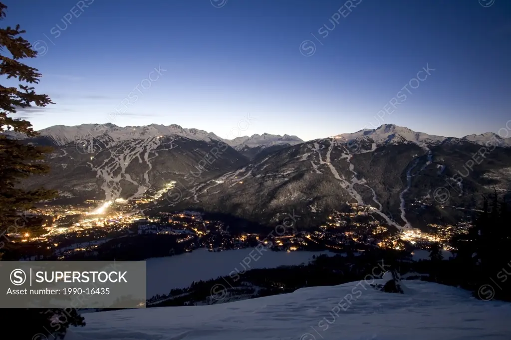 Whistler Village at dawn with Blackcomb Mountain and Whistler Mountain beyond, British Columbia, Canada