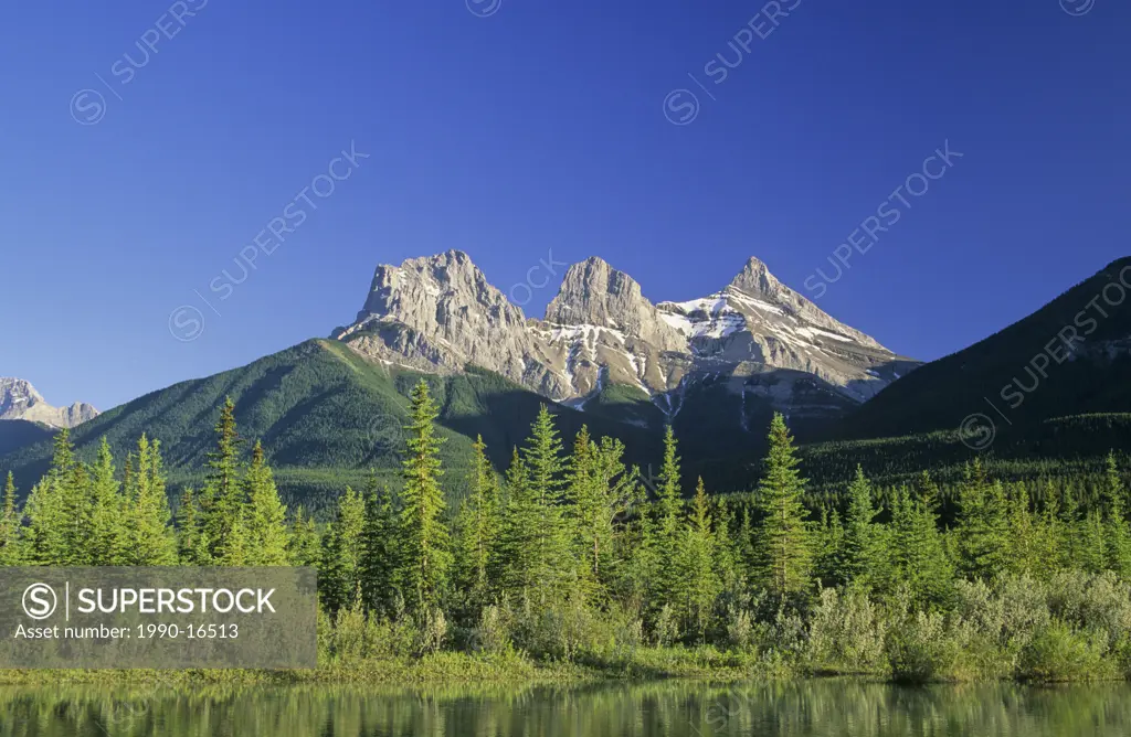 The Three Sisters and the Bow River in Canmore, Alberta, Canada