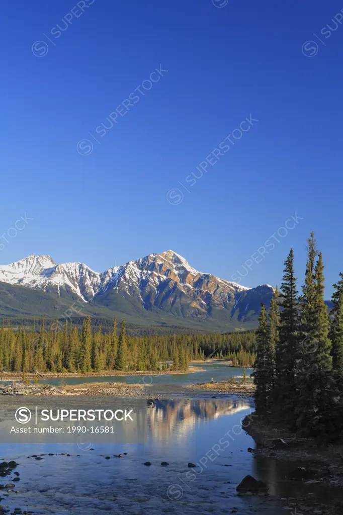 Pyramid Mountain and the Athabasca River in Jasper National Park in the Canadian Rockies, Alberta, Canada