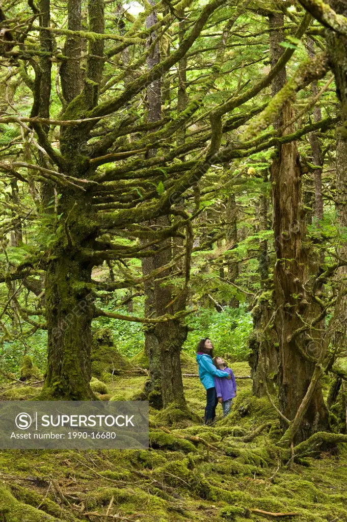 Mother and daughter in mossy forest, Naikoon Provincial Park, Queen Charlotte Islands, British Columbia, Canada