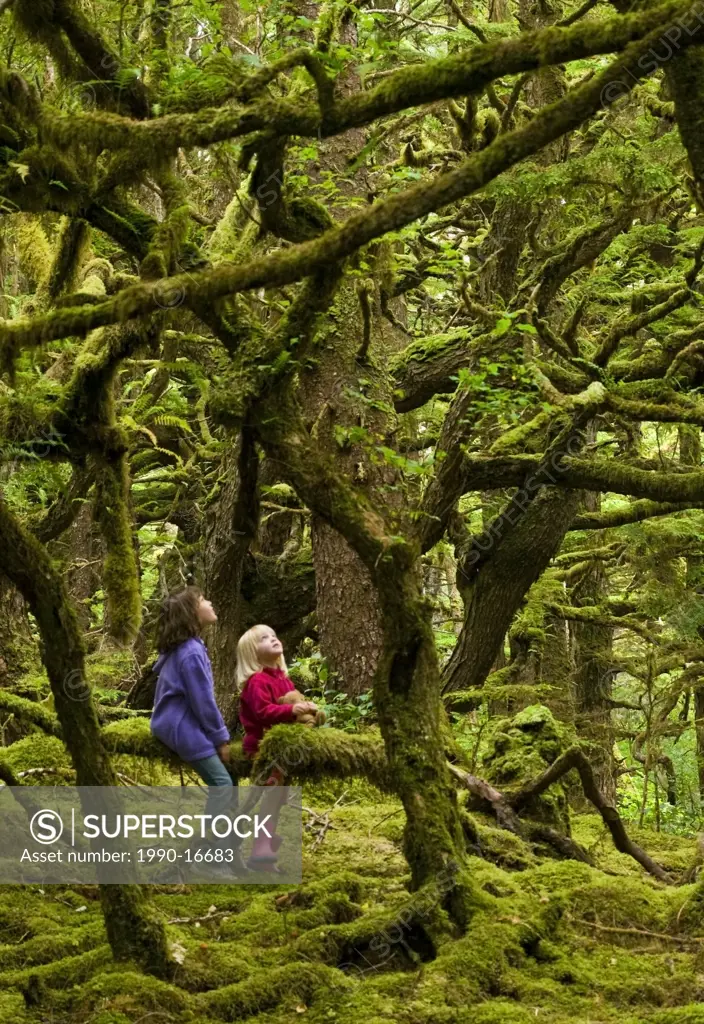 Two children in mossy forest, Naikoon Provincial Park, Queen Charlotte Islands, British Columbia, Canada
