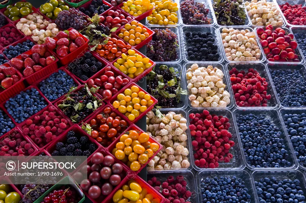 Jean Talon Market, fresh berries on display, Montreal, Quebec, Canada