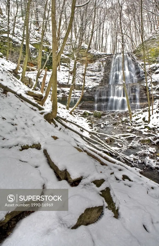 Sherman Falls and Ancaster Creek in winter, Bruce Trail, Niagara Escarpment, Hamilton, Ontario, Canada