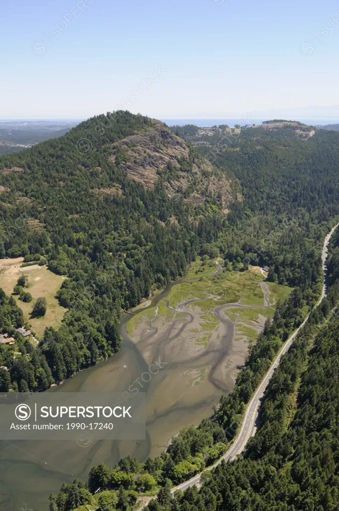 Aerial view of Finlayson Arm and Mount Finlayson, Vancouver Island, British Columbia, Canada.