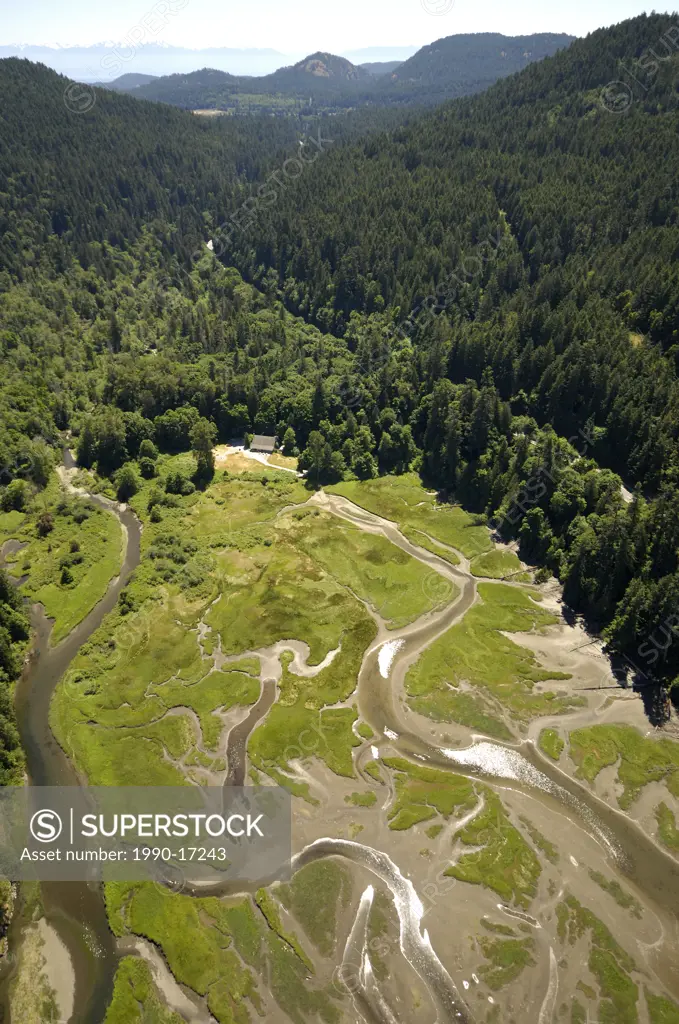 Aerial photograph of the estuary at Goldstream Provincial Park, Vancouver Island, British Columbia, Canada.