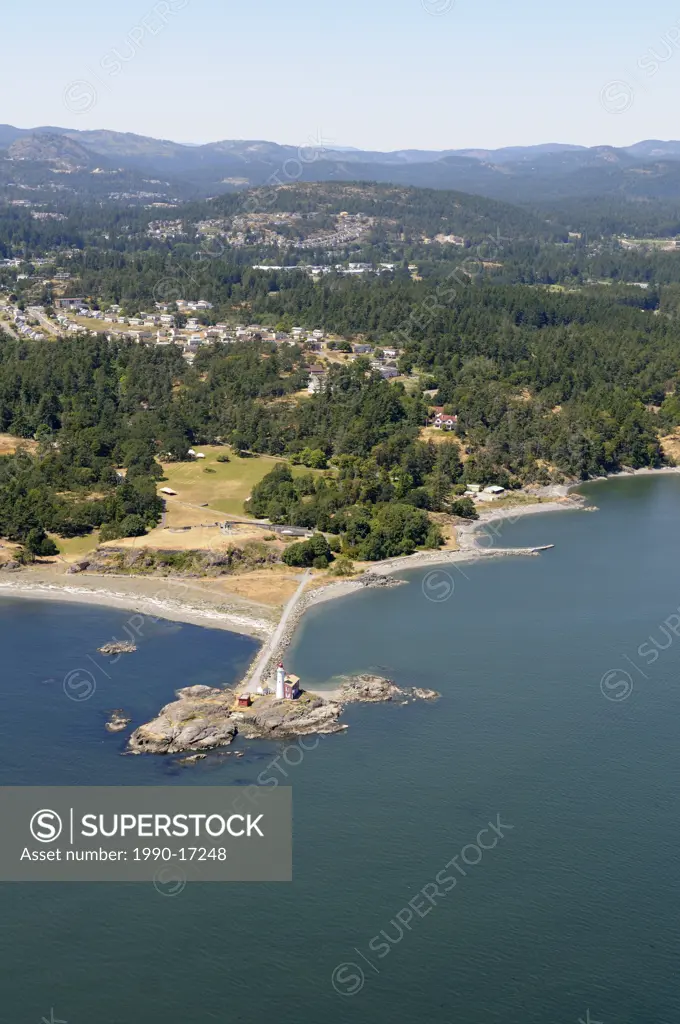 Aerial photo of the Fisgard Lighthouse at Fisgard Lighthouse Historical Site, Esquimalt, Vancouver Island, British Columbia, Canada.