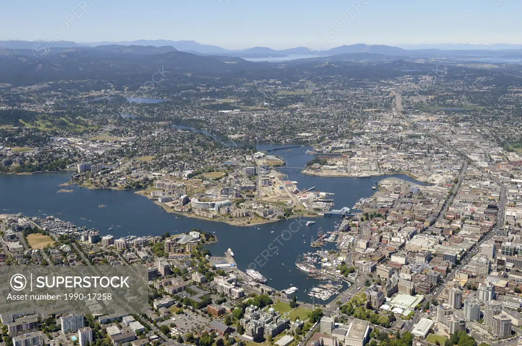 Aerial photograph of Victoria Harbour and downtown Victoria, Victoria, Vancouver Island, British Columbia, Canada.