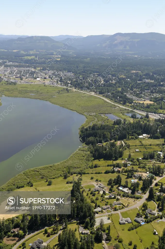 Aerial photo of Somenos Lake, Cowichan Valley, Vancouver Island, British Columbia, Canada.