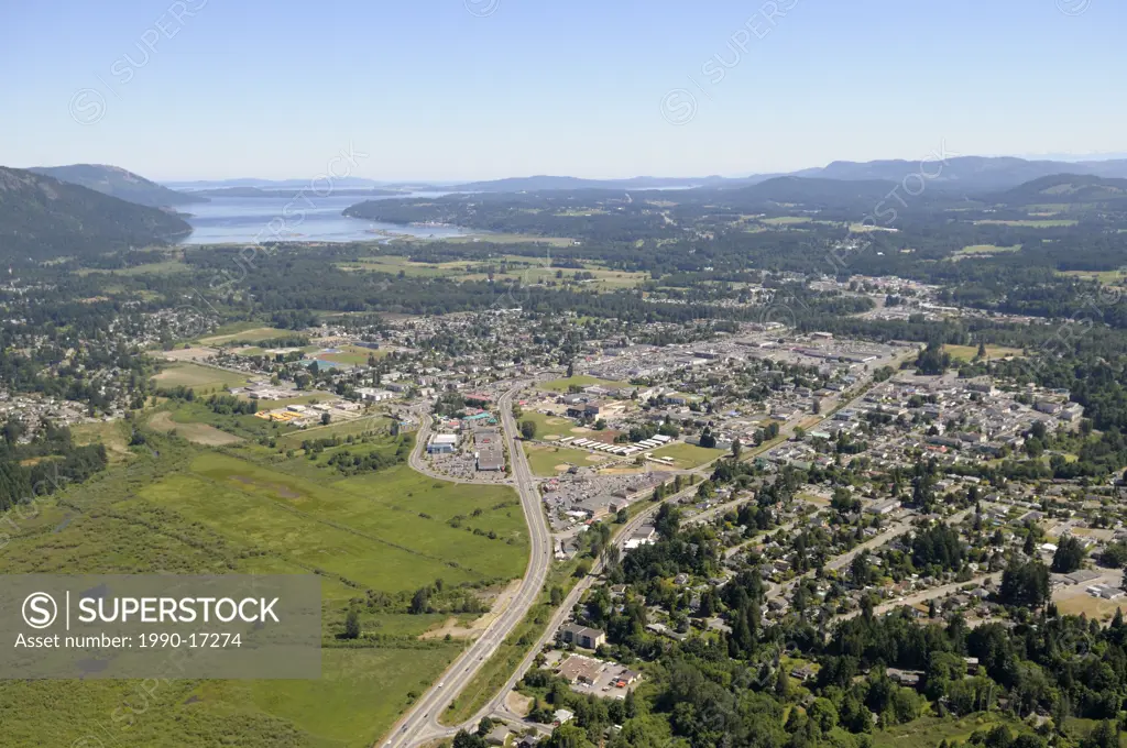 Aerial photograph of Duncan, the Somenos Marsh and Cowichan Bay, Cowichan Valley, Vancouver Island, British Columbia, Canada.