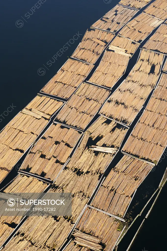 Aerial photo of log booms at the Catalyst Paper Mill, Crofton, Vancouver Island, British Columbia, Canada.