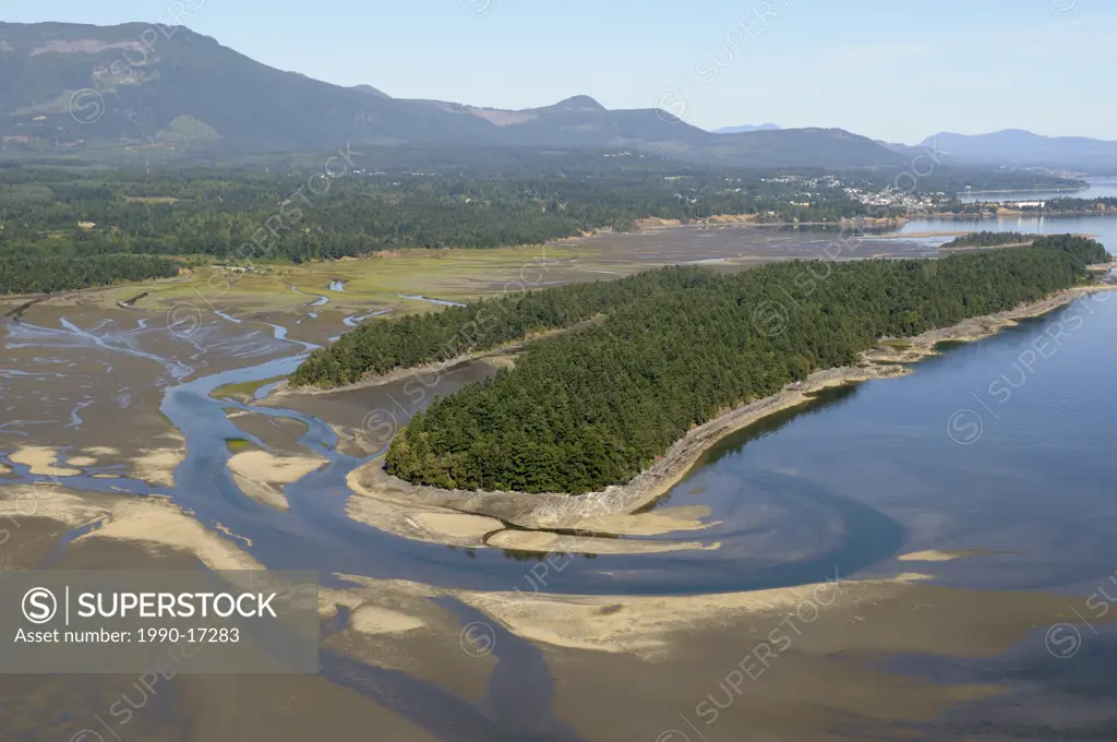 Aerial photo of Wiily Island and the Chemainus River Estuary, Chemainus Valley, Vancouver Island, British Columbia, Canada.