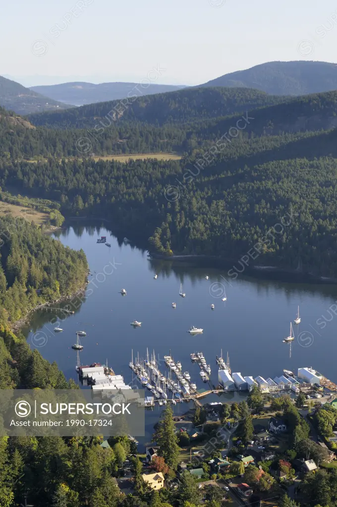 Aerial photo of Genoa Bay and Genoa Bay Marina, Vancouver Island, British Columbia, Canada.