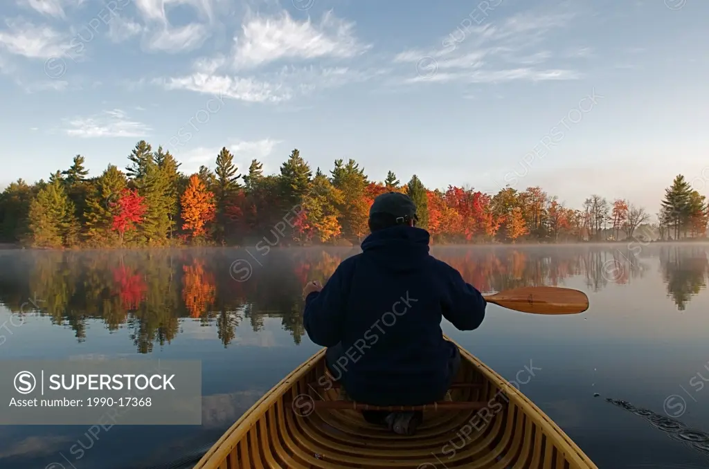 Man, Autumn, Canoe, Kahshe Lake, Muskoka, Ontario
