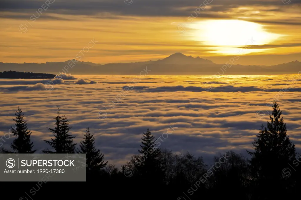Mount Baker in the distance from Cypress Provincial Park. West Vancouver, British Columbia, Canada. Temperature inversion causes fog to engulf Metro V...