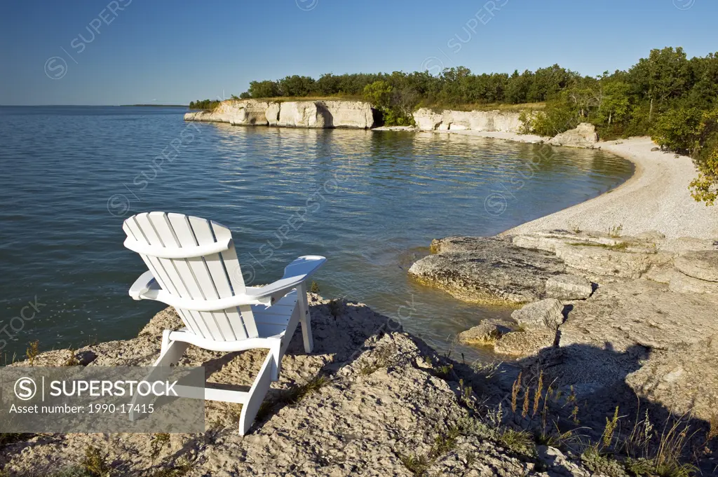 chair along limestone cliffs, Steep Rock, along Lake Manitoba, Manitoba, Canada