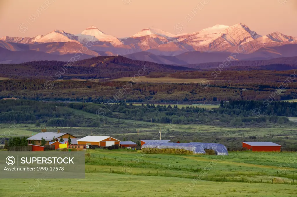 foothills Ranch in early morning light, Cochrane, Alberta, Canada, agriculture, mountains, rockies