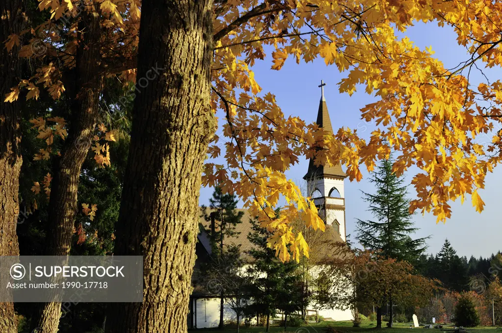 Native church with fall colours in Duncan, BC.