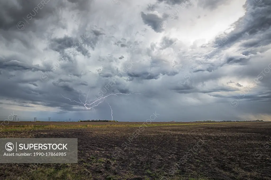 Lightning striking over field in rural southern Manitoba Canada