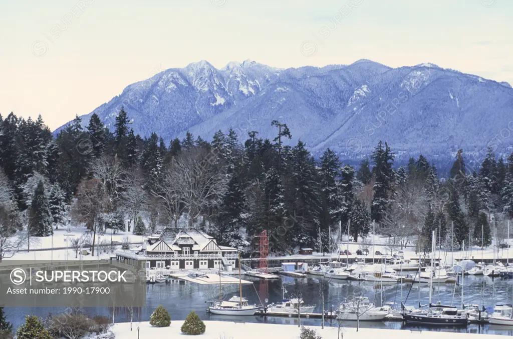 Vancouver Rowing Club, Stanley Park, and North Shore Mountains in snow, Vancouver, British Columbia, Canada