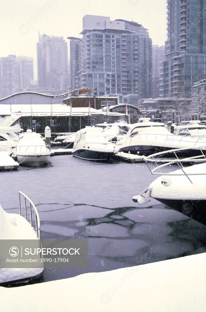 Coal Harbour Marina in snow, Vancouver, British Columbia, Canada