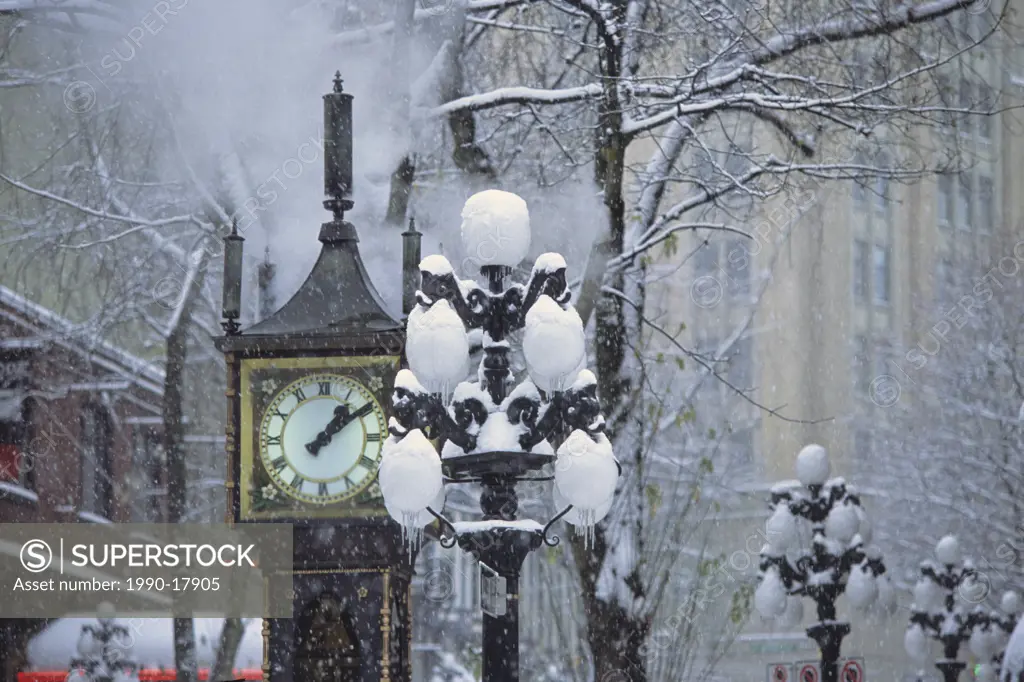 Gastown Steam Clock in snow, Gastown, Vancouver, British Columbia, Canada