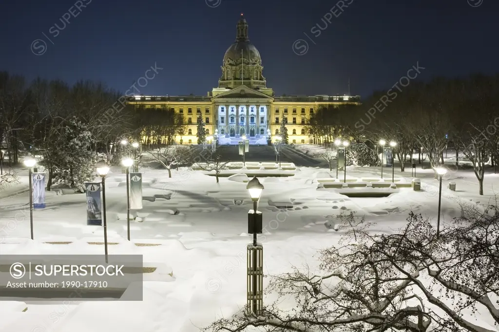 Alberta Provincial Legislature Building at night in winter. Edmonton, Alberta