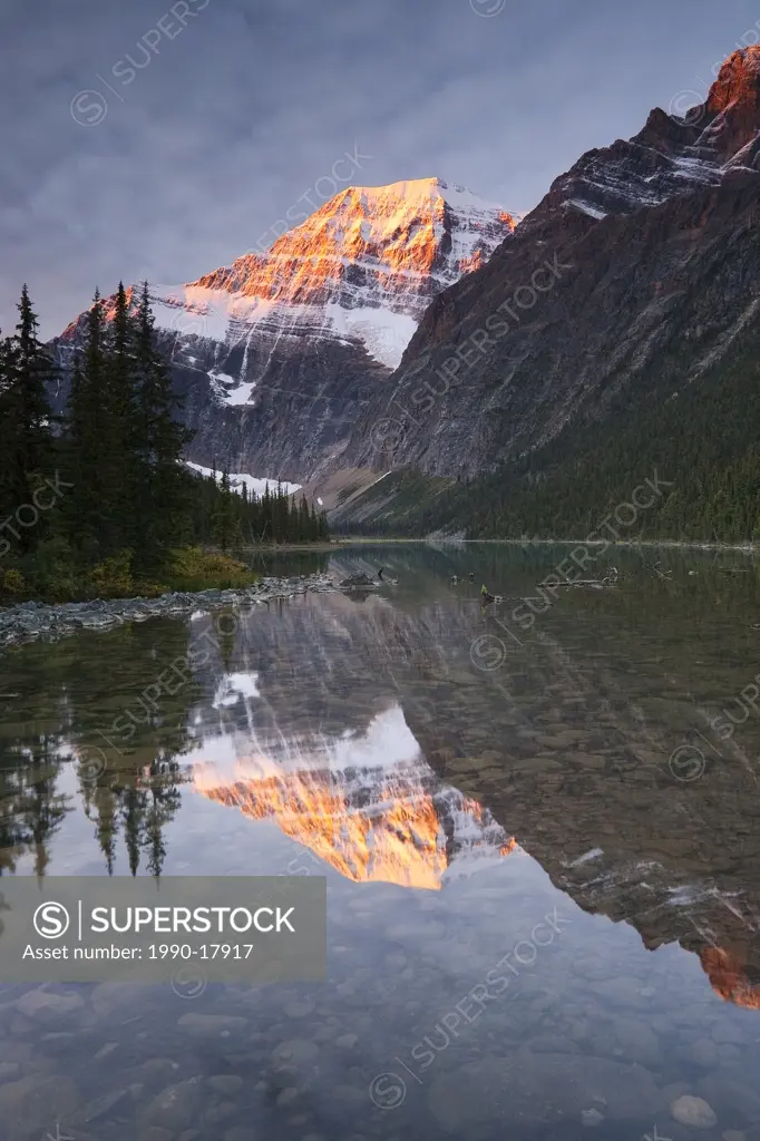 Mt. Edith Cavell and reflection in Cavell Lake at sunrise, Jasper National Park, Alberta