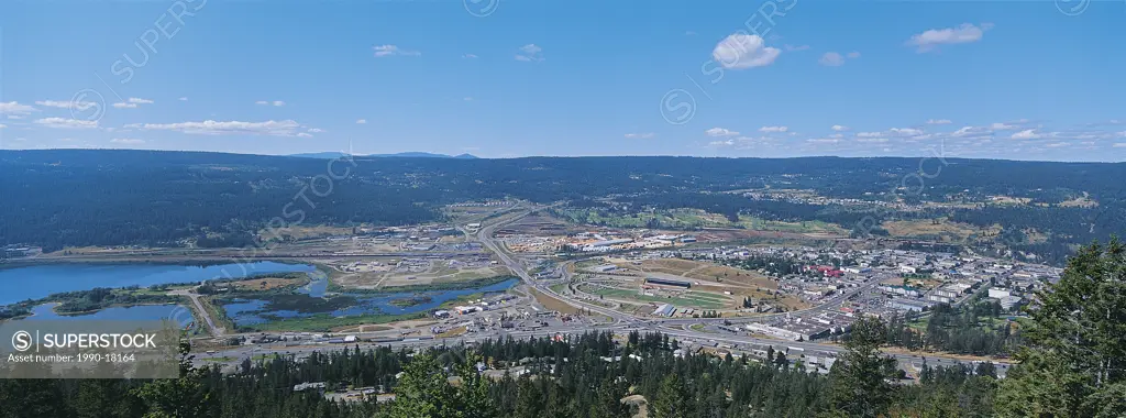 panoramic view of the city of Williams Lake from east, city downtown and Scout Island on Williams Lake, British Columbia, Canada , Cariboo Region, Bri...