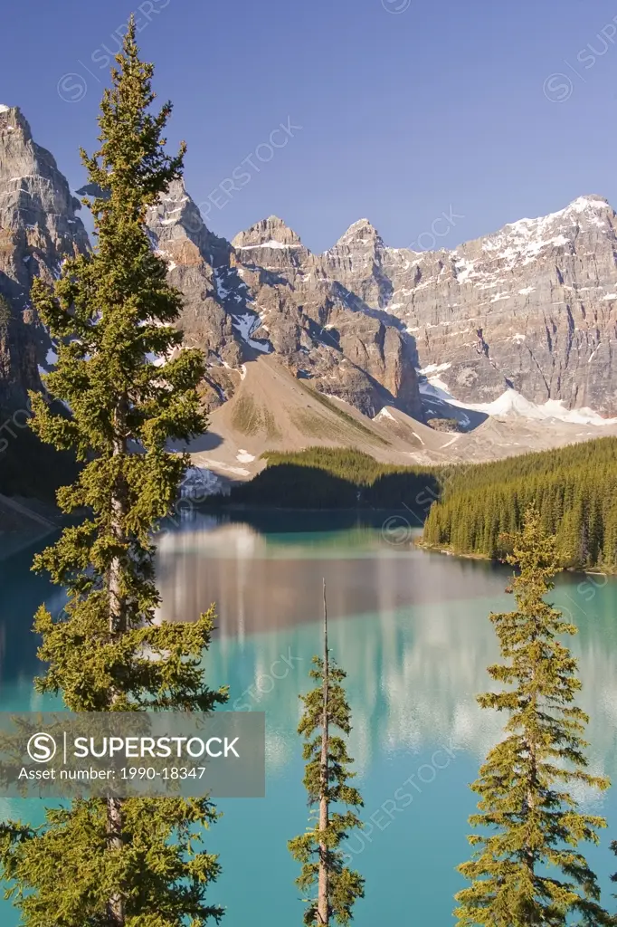 Moraine Lake and Valley of the Ten Peaks from rock pile, early morning, Banff National Park, Alberta.