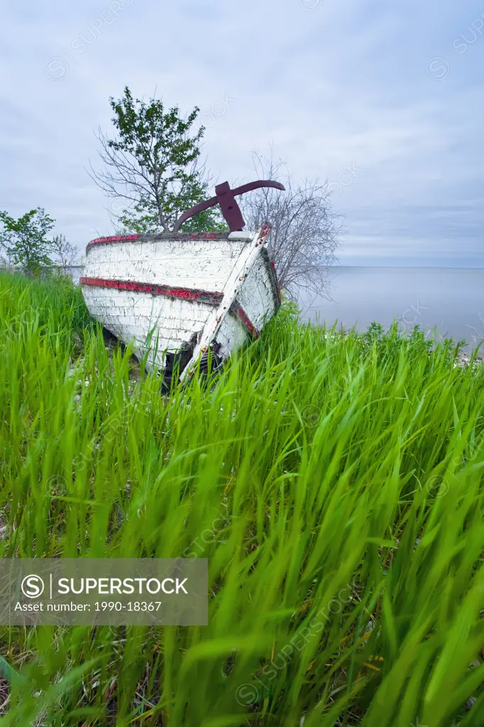 Abandonded, boat wreck on Lake Winnipeg shoreline, on Hecla Island. Hecla Village on the Island was an early Icelandic settlement, and is now part of ...