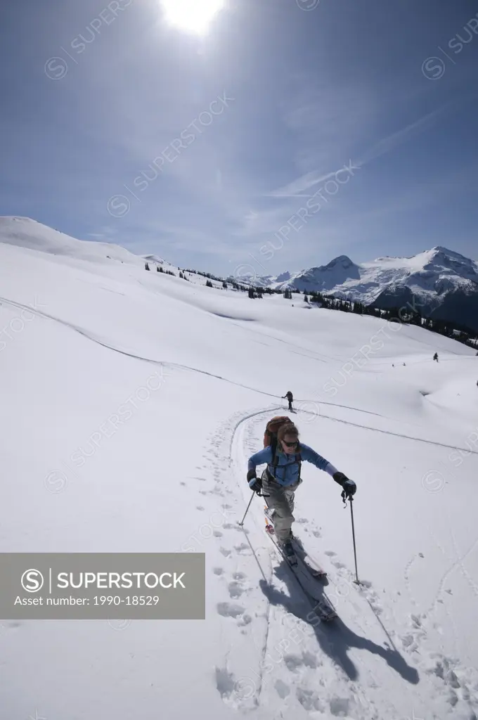 Young womanbackcountry skiing near Singing Pass. Garibaldi Provincial Park. Whistler, British Columbia, Canada