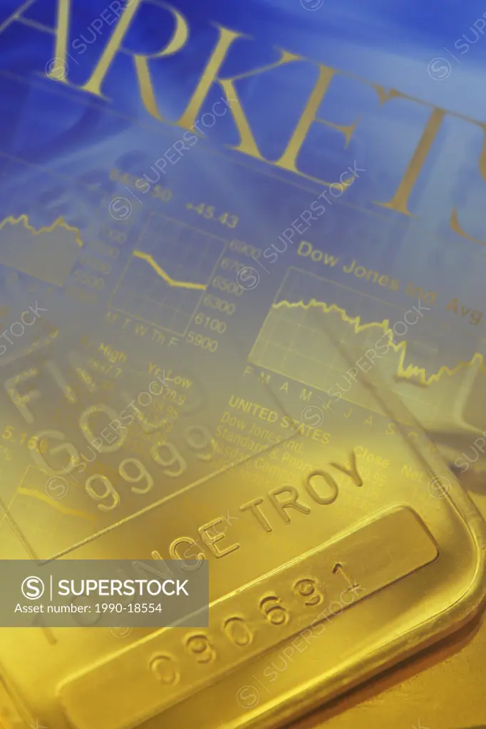 Business concept with gold bars overlaid with stock market illustration