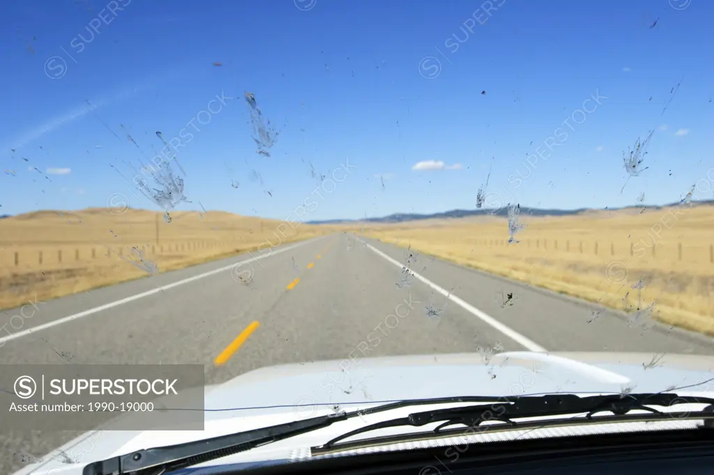 Bug splatter on vehicle windshield driving on highway 22, near Pincher Creek, Alberta, Canada.