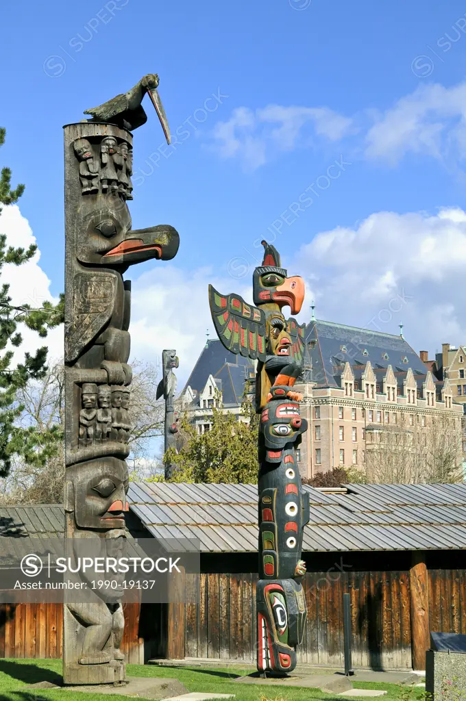 First Nation totem poles, Thunderbird Park, Royal British Columbia Museum, Victoria, British Columbia, Canada
