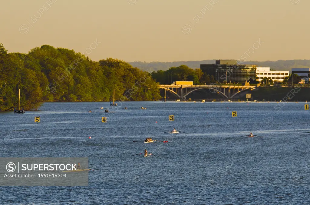 Rowers on Canadian Henley Regatta course on Martindale Pond in the community of Port Dalhousie in St. Catharines, Ontario, Canada.
