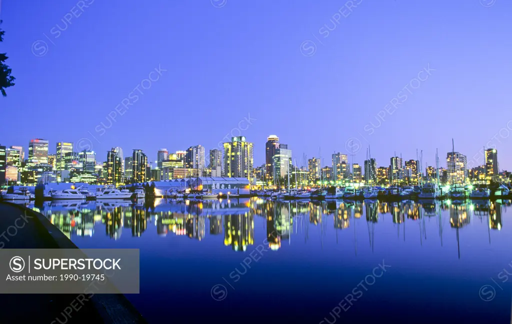 Vancouver city at night viewed from Stanley Park, British Columbia, Canada