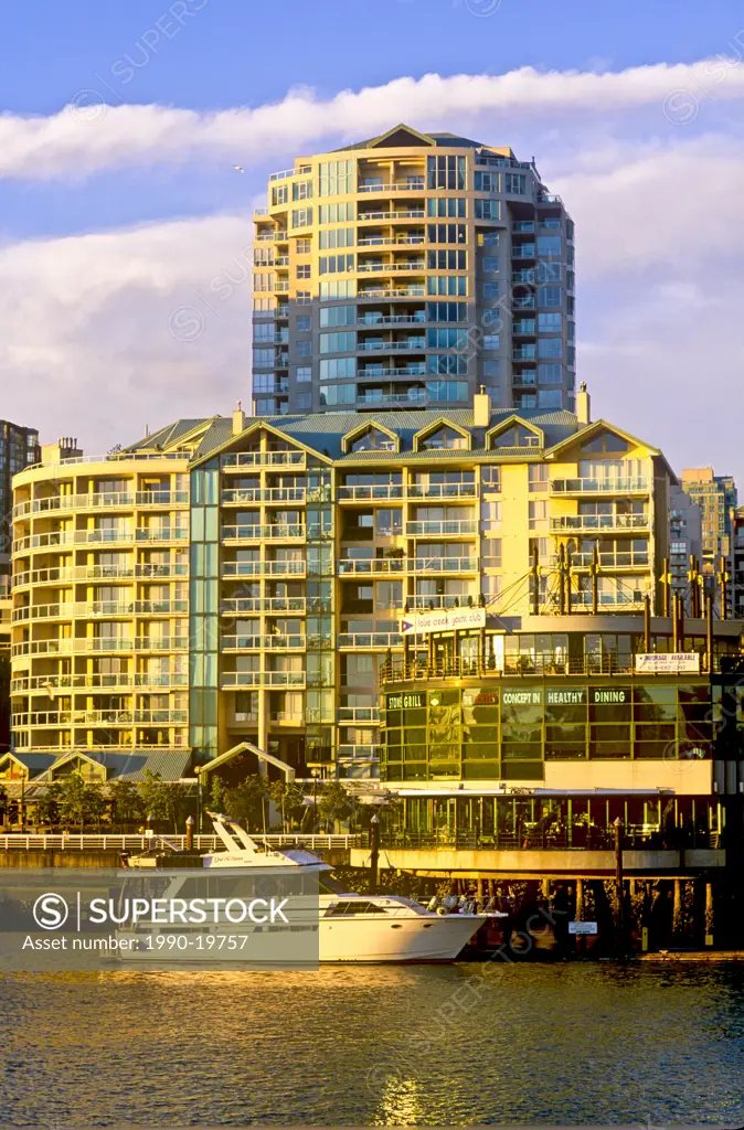False Creek at sunset with Beach Ave, Vancouver, British Columbia, Canada