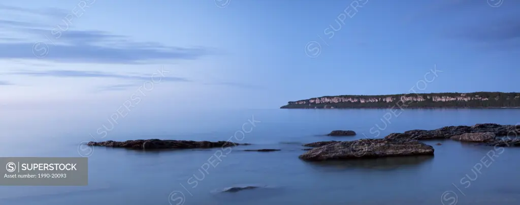 A panoramic view of twilight at Lion´s Head in Georgian Bay, on the Bruce Peninsula, Ontario.