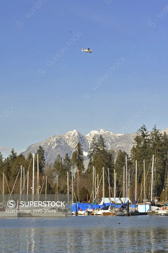 Vancouver Rowing Club Marina with Stanley Park and North Shore Mountains, Vancouver, British Columbia, Canada