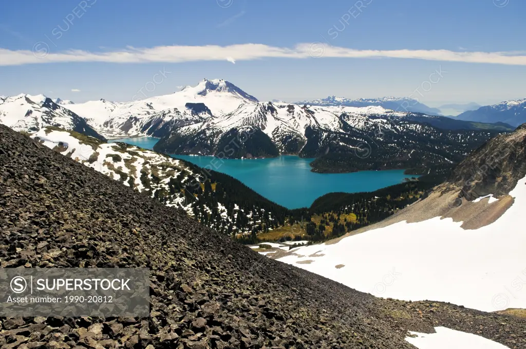 Mount Garibaldi and Garibaldi Lake viewed from the Black Tusk in Garibaldi Provincial Park near Whistler BC.