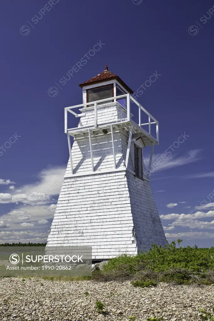 Gull Harbour Lighthouse on Lake Winnipeg. No longer in operation, it was replaced with a modern automated lighthouse. Hecla Island Provincial Park, Ma...